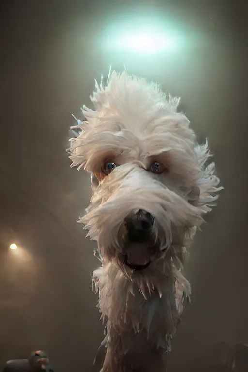 Prompt: a white cockapoo at a rave in ibiza anatomy, bathed in light, highly detailed, photorealistic, artstation, smooth, sharp focus, illustration, unreal engine 5, 8 k, art by artgerm and greg rutkowski and edgar maxence