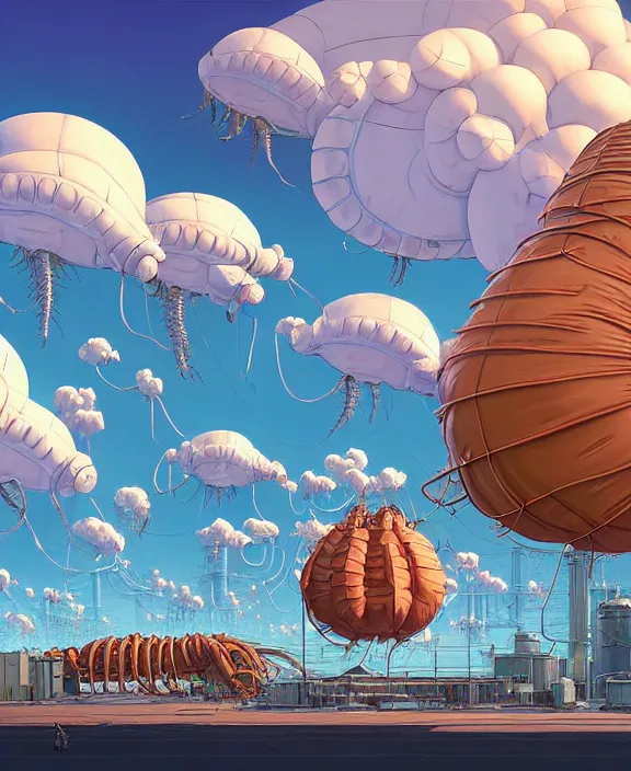 Image similar to inflated industrial plant made from obese isopod mollusk octopus, in the style of puffy spaceship, giant botany, partly cloudy, spooky, dramatic lighting, by geof darrow, bill sienkiewicz, dan mumford, yusuke murata, makoto shinkai, ross tran, cinematic, unreal engine, cel shaded, featured on artstation, pixiv