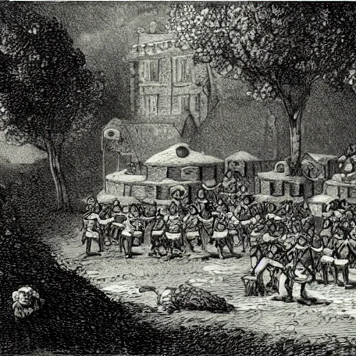 Image similar to an anthill the shape of a school drawn by charles bowater