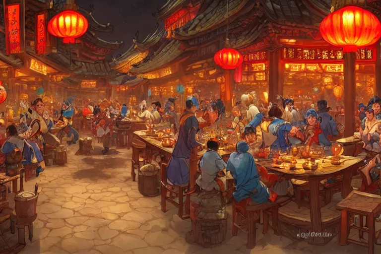 Image similar to fantasy art of a bustling tavern in china, at night, by jesper ejsing, highly detailed digital art, trending on artstation