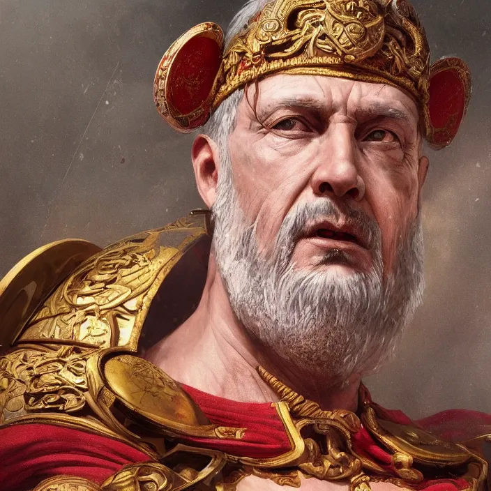 Image similar to excellent painted portrait of the last emperor of rome the ancient caesar invictus, masterpiece painting with detailed face, 4k, trending on artstation, octane render, art by artgerm and greg rutkowski and alphonse mucha and craig mullins and James Jean and Andrei Riabovitchev and Marc Simonetti and peter mohrbacher