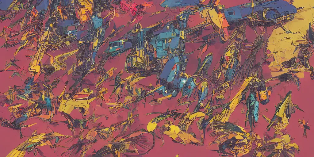 Image similar to risograph rendition, gigantic mecha arzach birds with dragonflies, tiny rats, yellow colors, a lot of exotic animals around, big human faces everywhere, helicopters and tremendous birds, by satoshi kon and moebius, matte bright colors, surreal design, crispy, super - detailed, a lot of tiny details, fullshot