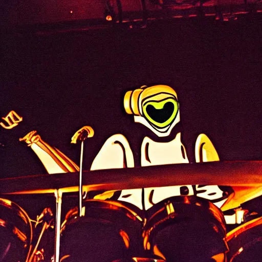 Image similar to cartoon mf doom on a stage with a full band behind him