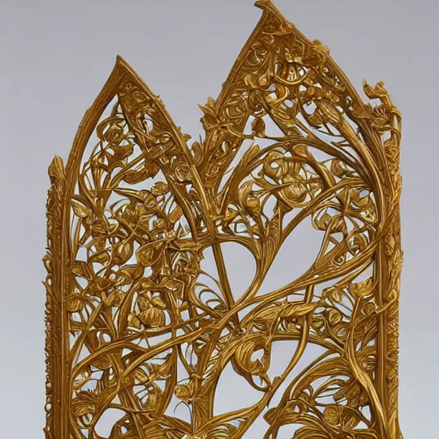 Prompt: a 3 d golden art nouveau carved sculpture of a delicate tracery pattern, intricate and highly detailed, well - lit, ornate, realistic, polished with gold leaf