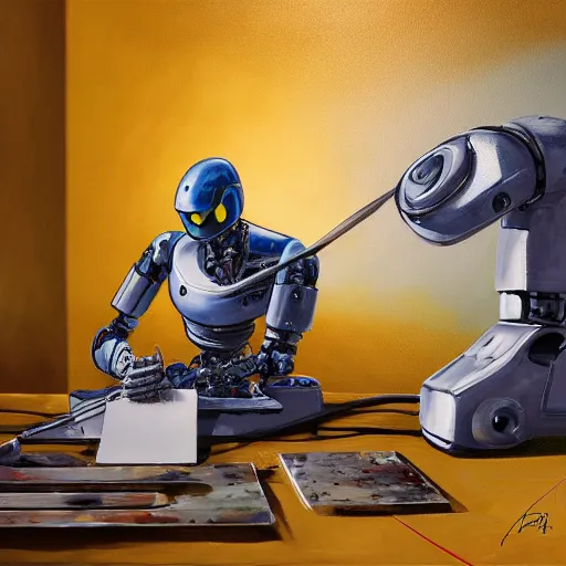 Prompt: photo of a robot painting a canvas, beautiful lighting, sharp, details, hyper-detailed, HD, HDR, 4K, 8K