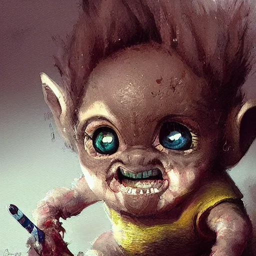 Prompt: cute baby towdy troll.painting by greg rutkowski.