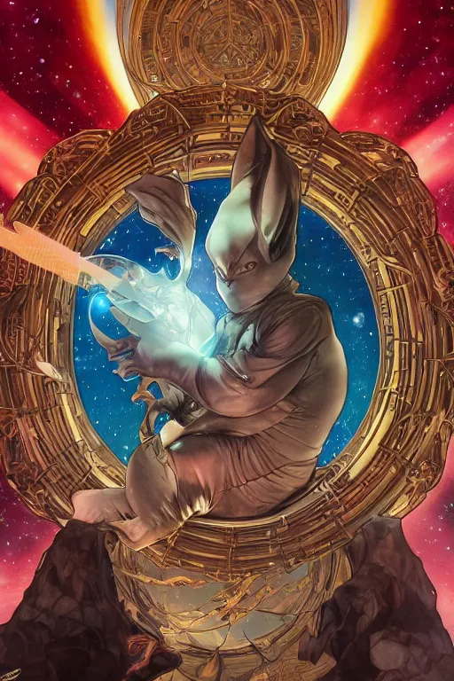 Image similar to big chungus emerging from a stargate, by artgerm and yoshitaka amano and moebius and alphonse mucha, hyperdetailed, dc comics, ornate, nebula, explosions in the sky, trending on artstation