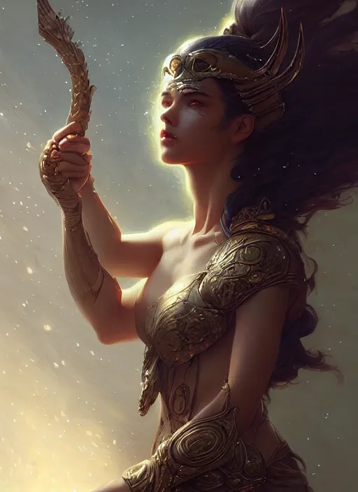 Prompt: portrait of artemis, goddess of the hunt, digital art by artgerm and greg rutkowski, gaston bussiere, sakimi chan and android jones and karol bak, cinematic lighting, trending on artstation, volumetric dust, intricate, elegant