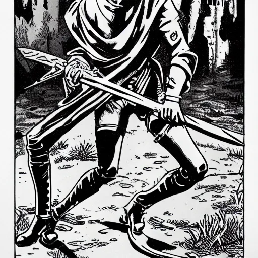 Prompt: A sword stuck in the ground. Close Up Shot, Dark Fantasy, Film Noir, Black and White. High Contrast, Mike Mignola, D&D, OSR