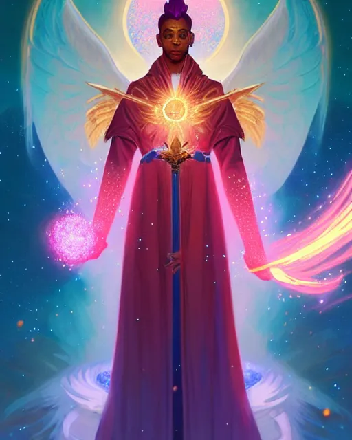 Prompt: a character portrait of only one male angel of justice with golden fiery wings, surrounded with spiriling sparkling rose crystals and galaxies, by peter mohrbacher, hyper light drifter, by ilya kuvshinov katsuhiro, jim burns, greg rutkowski, trending on artstation