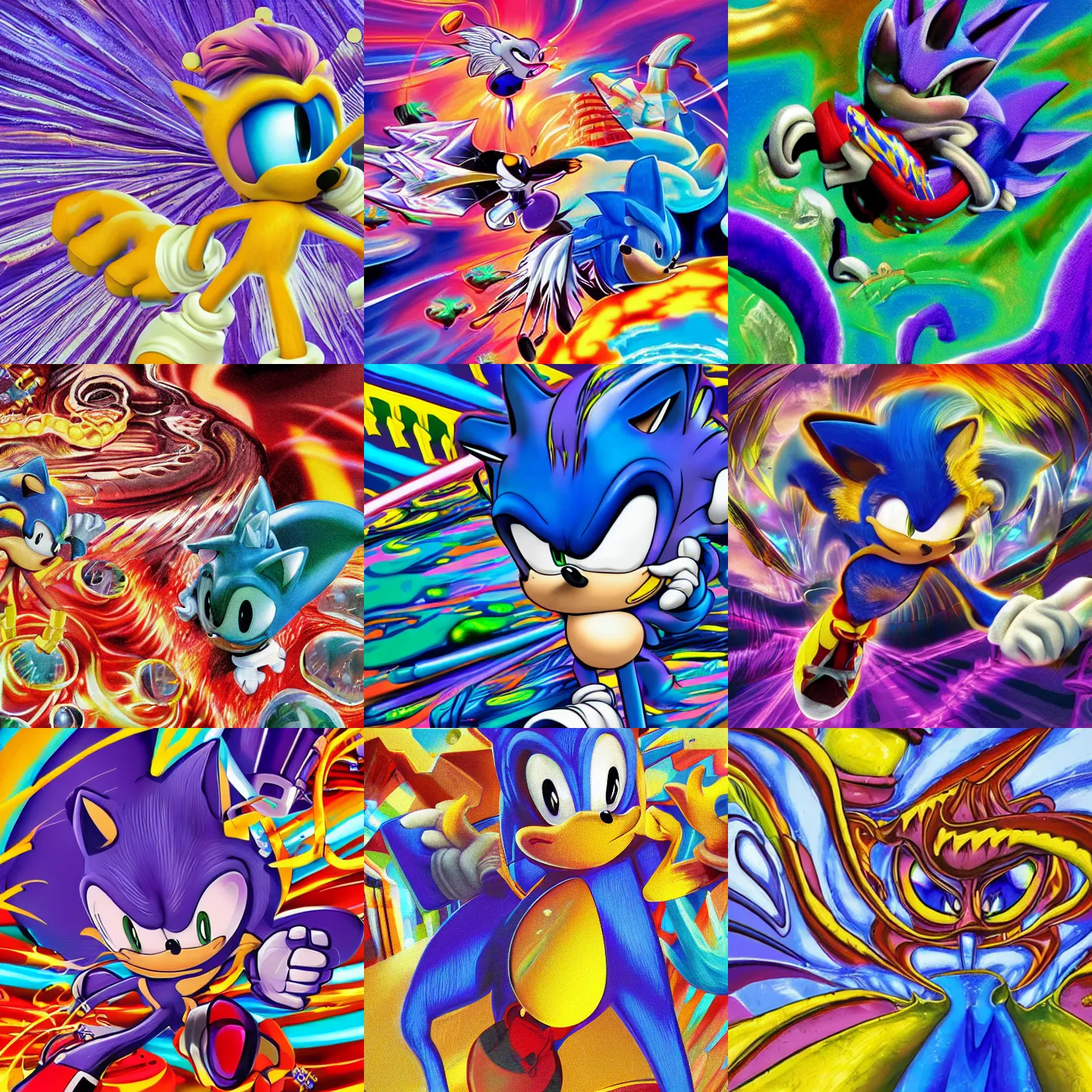 Prompt: sonic closeup of surreal, sharp, detailed professional, high quality airbrush art MGMT album cover of a liquid dissolving LSD DMT sonic the hedgehog surfing through cyberspace, purple checkerboard background, 1990s 1992 Sega Genesis video game album cover