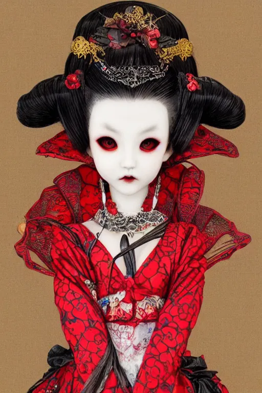 Image similar to japanese bjd geisha vampire queen in victorian red dress in the style of dark - fantasy lolita fashion painted by yoshitaka amano, takato yamamoto, james jean, dmt art, symmetrical vogue face portrait, volumetrics, intricate detail, artstation, cgsociety, artgerm, gold skulls, rococo