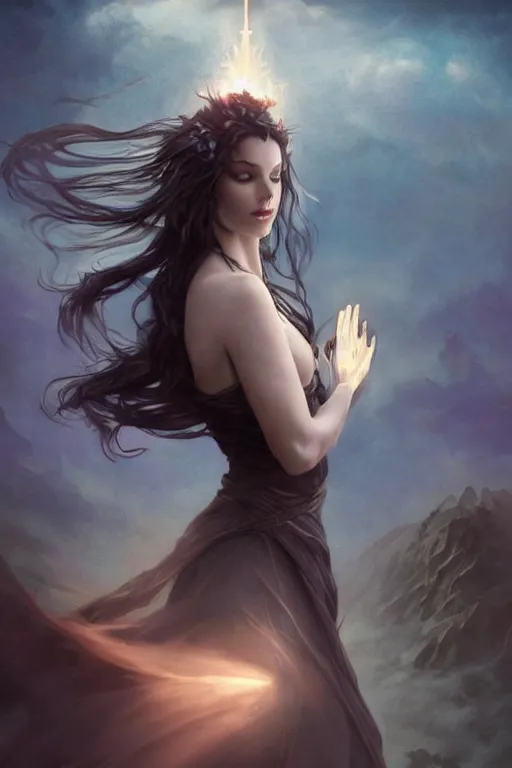 Image similar to seductive looking sorceress prays!!! magic the gathering, windy hair!, surreal dark fantasy, cinematic volumetric lights, portrait, dnd, intricate, elegant, highly detailed, digital painting, artstation, concept art, smooth, sharp focus, illustration, art by artgerm and tom bagshaw and greg rutkowski and alphonse mucha