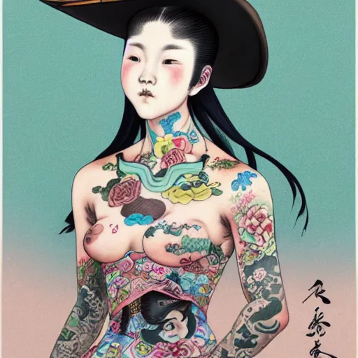 Image similar to full view of a girl from the qing dynasty with tattoos, wearing a cowboy hat, style of yoshii chie and hikari shimoda and martine johanna, highly detailed