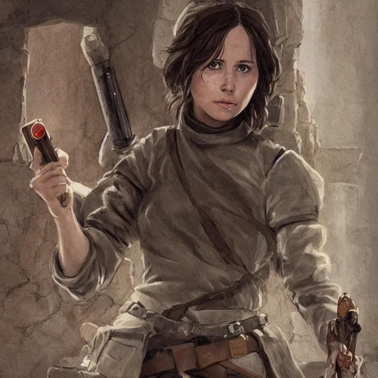 Image similar to portrait of jyn erso as a beautiful medieval maiden in a stone courtyard holding a rotary telephone, confident pose, coherent, insane detail, concept art, character concept, cinematic lighting, global illumination radiating a glowing aura