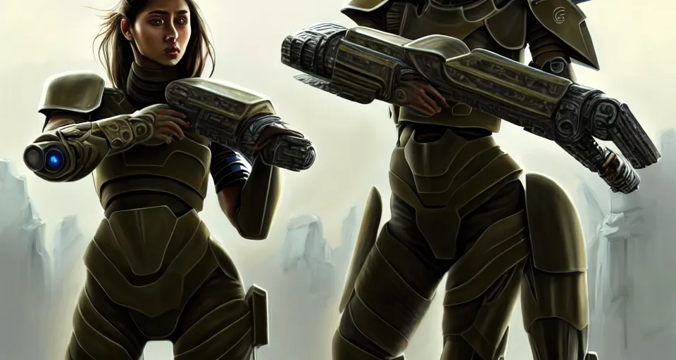 Image similar to a photorealistic painting of an attractive young warrior girl, clothed in stealth-battle armor with a giant sci-fi sniper rifle in her hands, olive skin, long dark hair, beautiful bone structure, symmetrical face, perfect eyes, a futuristic hover-tank with heavy laser-turret in the background, intricate details, elegant, digital painting, illustration, sharp focus, minimal artifacts, from Metal Gear, in the style of Ruan Jia and Mandy Jurgens and Greg Rutkowski, trending on Artstation, award winning, unreal engine, octane render