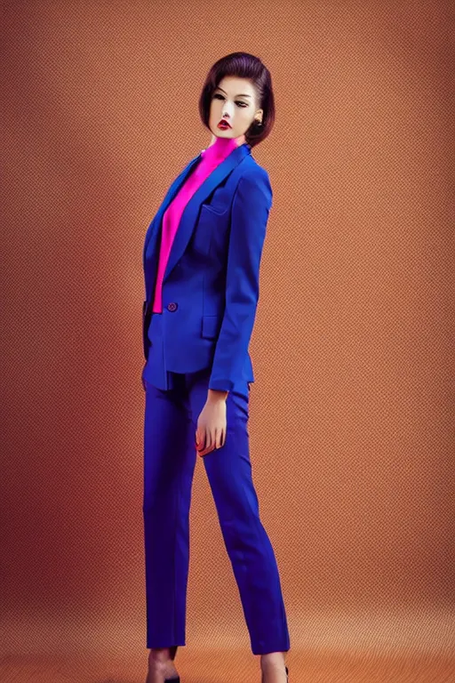 Prompt: realistic photoshooting for trouser suit, bright colors, vhs colour photography, fashion photography, vogue, smooth skin, perfect face, 8 0 mm lens, 1. 2 aperture, cinematic light, agency model img models