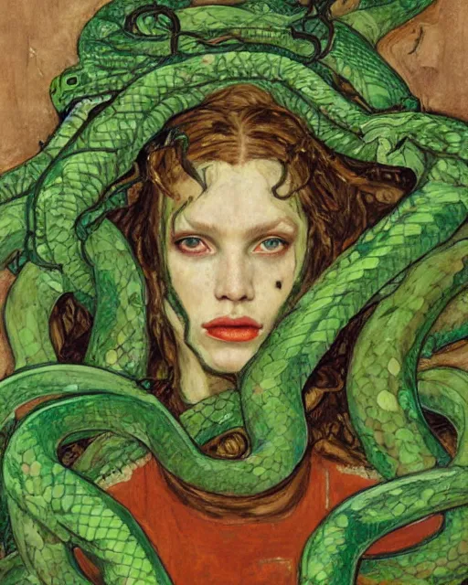 Image similar to portrait of medusa with many green snakes by greg rutkowski in the style of egon schiele