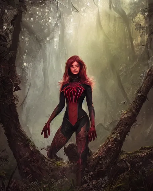 Prompt: a beautiful spiderwoman wearing a magical armor posing in a magical forest, hyper realistic face, fantasy art, in the style of greg rutkowski, illustration, epic, fantasy, intricate, hyper detailed, artstation, concept art, smooth, sharp focus