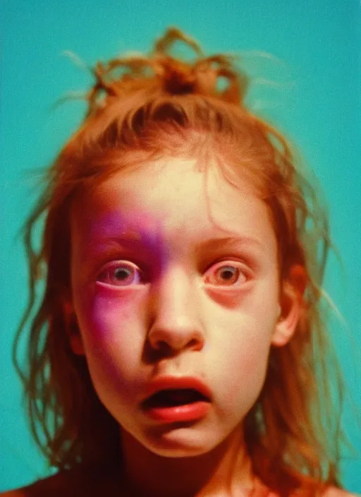 Prompt: detailed color analog medium format photo made by harmony korine, polaroid closeup photo of weird girl getting smashed by sunrays on face, rim light, shot with a camera flash, high production value, intricate details, hyperrealistic, photorealistic, high definition, award - winning photography, masterpiece