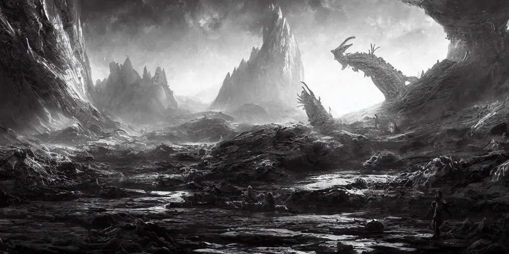 Prompt: black and white graphic thumbnails of alien concuring on a planet with high tech fantasy / magical machinery, cinematic composition, a fantasy digital painting by greg rutkowski and james gurney, trending on artstation, highly detailed, hyperrealistic, realistic, photorealistic, dynamic lighting, highly detailed, cinematic landscape, studio landscape, studio lighting