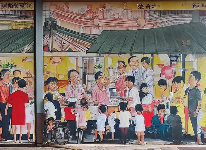 Prompt: Singapore prime ministers in a hawker centre, by Yip Yew Chong, street art