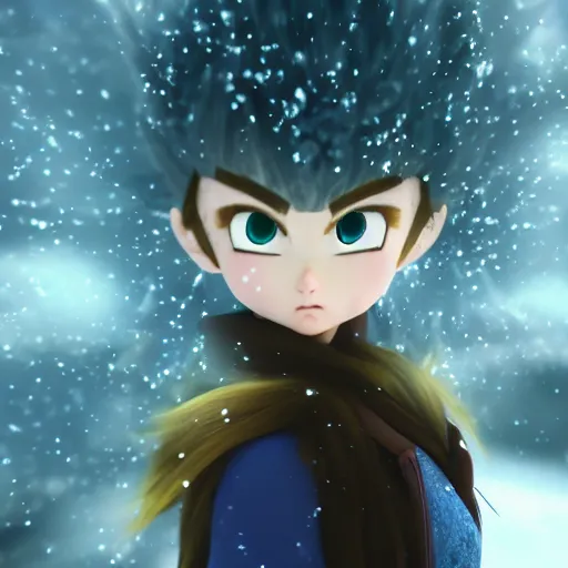 Prompt: portrait focus of ( ( angry ) ) super saiyan beautiful 3 d anime girl posing, frozen ice dark forest background, snowing, bokeh, inspired by masami kurumada, octane render, volumetric lighting