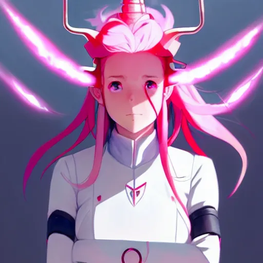 Image similar to a beautiful girl with pink hair, wearing futuristic uniform, red horns, jrpg armor, perfect anime face, gapmoe yandere grimdark, trending on pixiv fanbox, painted by greg rutkowski makoto shinkai takashi takeuchi studio ghibli, akihiko yoshida