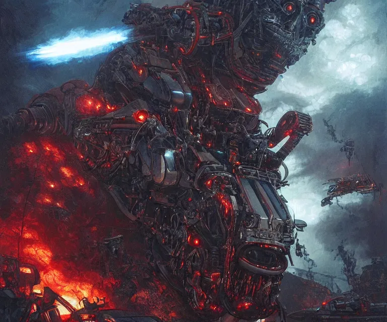 Image similar to a beautiful depiction of terminator machines going through a scene from the book of revelations, horror, backlit, gloomy sky, highly detailed, digital painting, scales, by eddie mendoza and greg rutkowski and dan mumford and artgerm, vivid colors, masterpiece, detailed shading, 8 k resolution, intricate, smooth