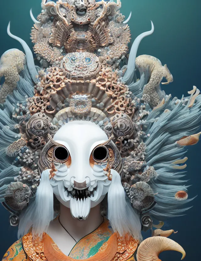 Image similar to 3 d goddess close - up frontal portrait with ram skull. beautiful intricately detailed japanese crow kitsune mask and clasical japanese kimono. betta fish, jellyfish phoenix, bio luminescent, plasma, ice, water, wind, creature, artwork by tooth wu and wlop and beeple and greg rutkowski