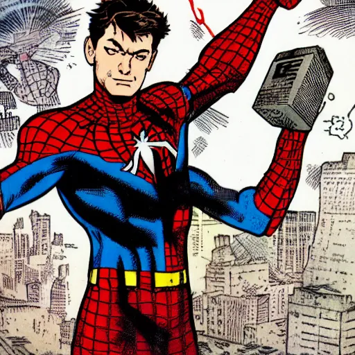 Image similar to peter parker holding mjolnir, marvel, comics, stan lee, jim lee, jack kirby, steve ditko