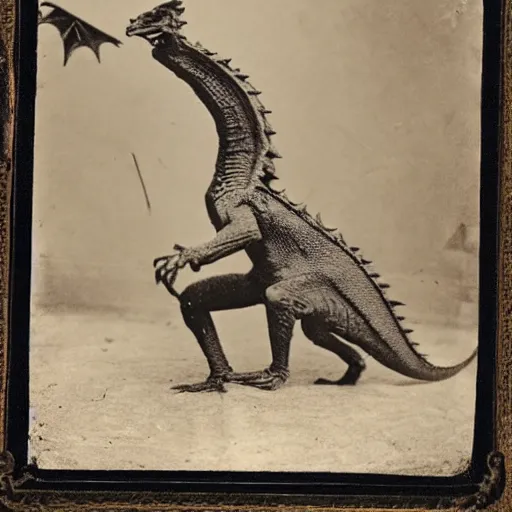 Image similar to victorian photograph of a real dragon, rutowski, highly realistic, scaly, grainy photo, very blurry, creature, faded, taken in the 1 8 8 0 s, 1 8 7 0 s, 1 8 9 0 s