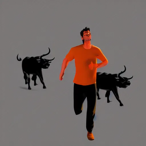 Image similar to man in orange t - shirt chased by big black bulls, artstation