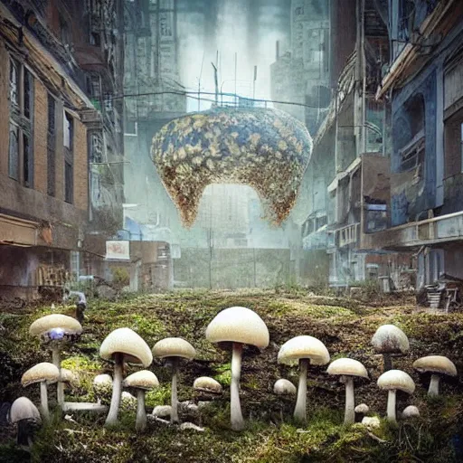 Image similar to beautiful dystopian deserted overgrown city mushroom people surviving