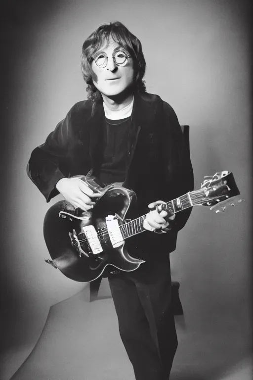 Prompt: 80 years old john lennon posing with a guitar, good-looking old man , promo shoot, studio lighting