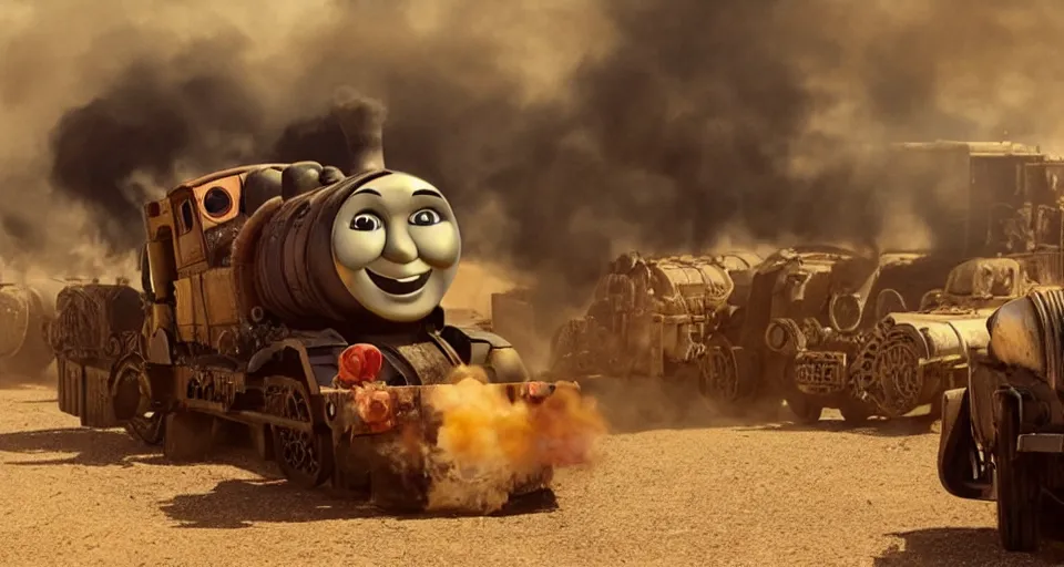 Prompt: still frame of rusty punk Thomas the Tank Engine in MAD MAX: FURY ROAD (2015)