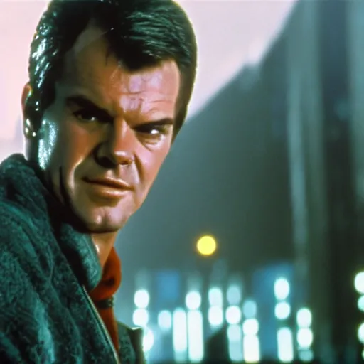 Prompt: very young Jack Nicholson as Rick Deckard on blade runner 1982, smiling, wide angle lens, 35mm, movie still, city lights on the background, in color, movie frame, detailed face, symmetrical face, 4k