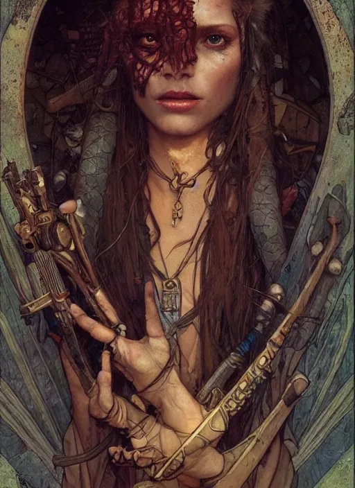 Image similar to hyper realistic photography portrait of postapocalyptic medieval religious occult amazon cinematic, brom, moebius, juan gimenez, peter mohrbacher, mucha, leonardo da vinci