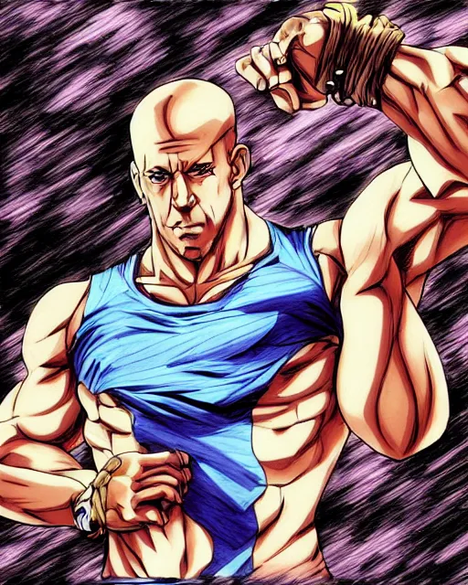 Prompt: Digital color pen drawing of Vin Diesel walking like a Italian model in JoJo\'s Bizzare Adventure anime style, official JoJo\'s Bizzare Adventure, highly detailed, sharp focus, screentone shading, sligthly hard shadows, 1990 manga panel, trending on ArtStation, manga cover art drawn by Hirohiko Araki