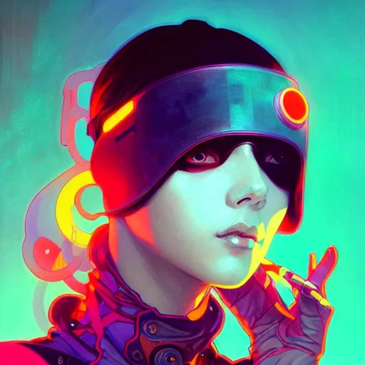 Prompt: a beautiful painting of a cyberpunk blindfolded girl by sachin teng and pascal blanche and alphonse mucha! and ruan jia! and josan gonzalez!. in style of digital art. colorful comic, film noirs, akira, brush stroke, vibrating colors, hyper detailed. octane render. trending on artstation