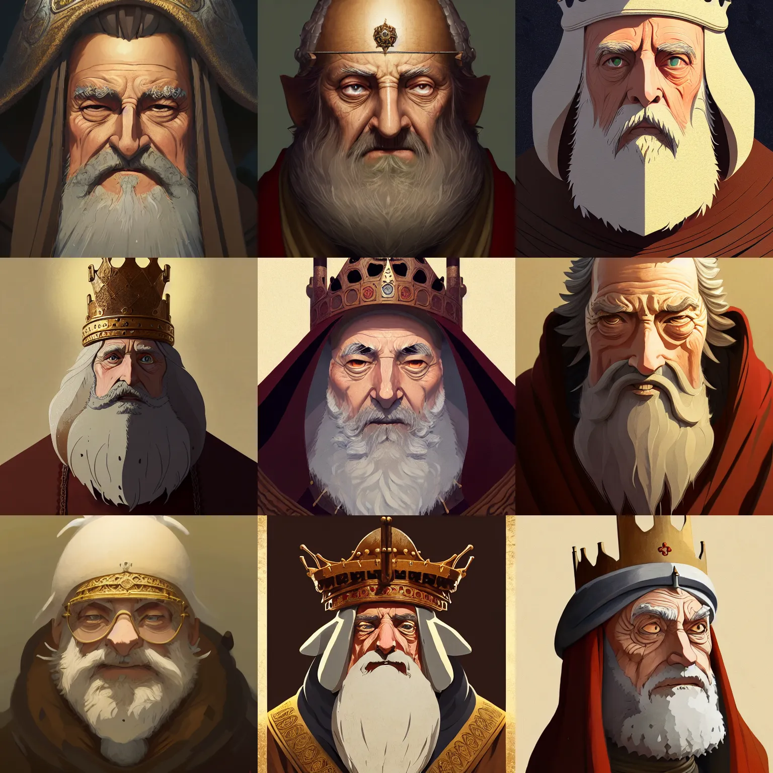 Prompt: portrait of a medieval old king, artstation, elegant, highly detailed, digital painting, concept art, smooth, sharp focus, illustration, art by studio ghibli, fujita goro, atey ghailan, tom whalen, jean giraud 8 k