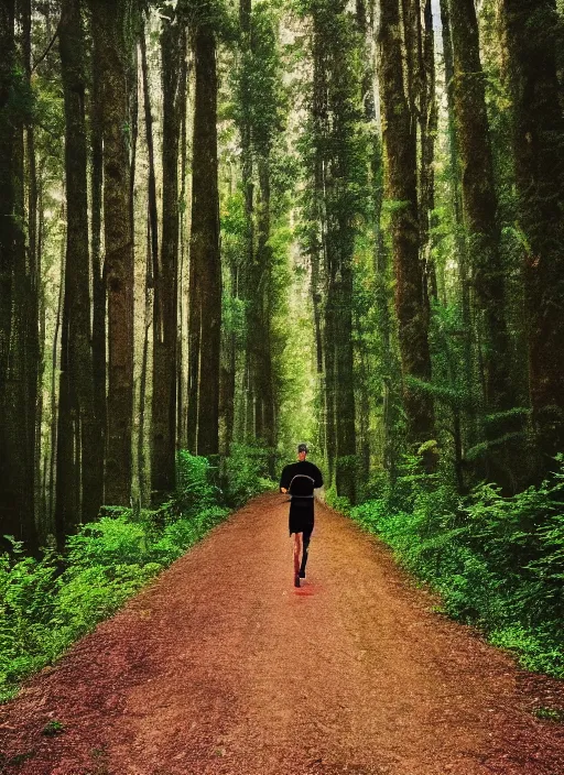 Image similar to athletic guy runs through a forest with tall trees, a photo from the back, perspective, pixel art,