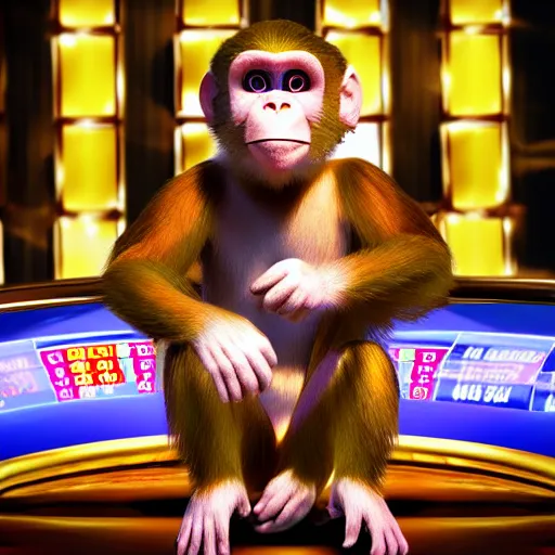 Prompt: Monkey drinking beerat a casino spinning a slot machine, Hyper Realism, realistic, cinematic lighting, ambient lights,