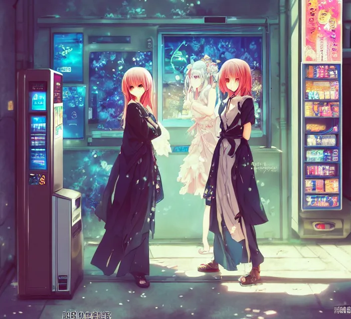 Image similar to Two beautiful anime women, standing in front of a vending machine outside of a Japanese convenience store, in a narrow Tokyo alleyway, gorgeous sunlight and shadows, D&D, fantasy, highly detailed, digital painting, artstation, concept art, sharp focus, illustration, in style of GUWEIZ and WLOP and NIXEU and Craig Mullins