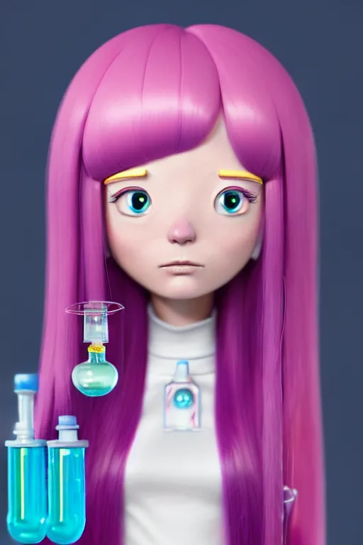 Image similar to highly detailed, industrial photography, profile view of adult princess bubblegum from adventure time, working in her science lab, wearing lab coat, long bubblegum hair, long straight bangs, confident, beautiful, attractive, illustration concept art by nicoletta ceccoli, mark ryden, lostfish, detailed and intricate environment, 8 k resolution, hyperrealistic, octane render