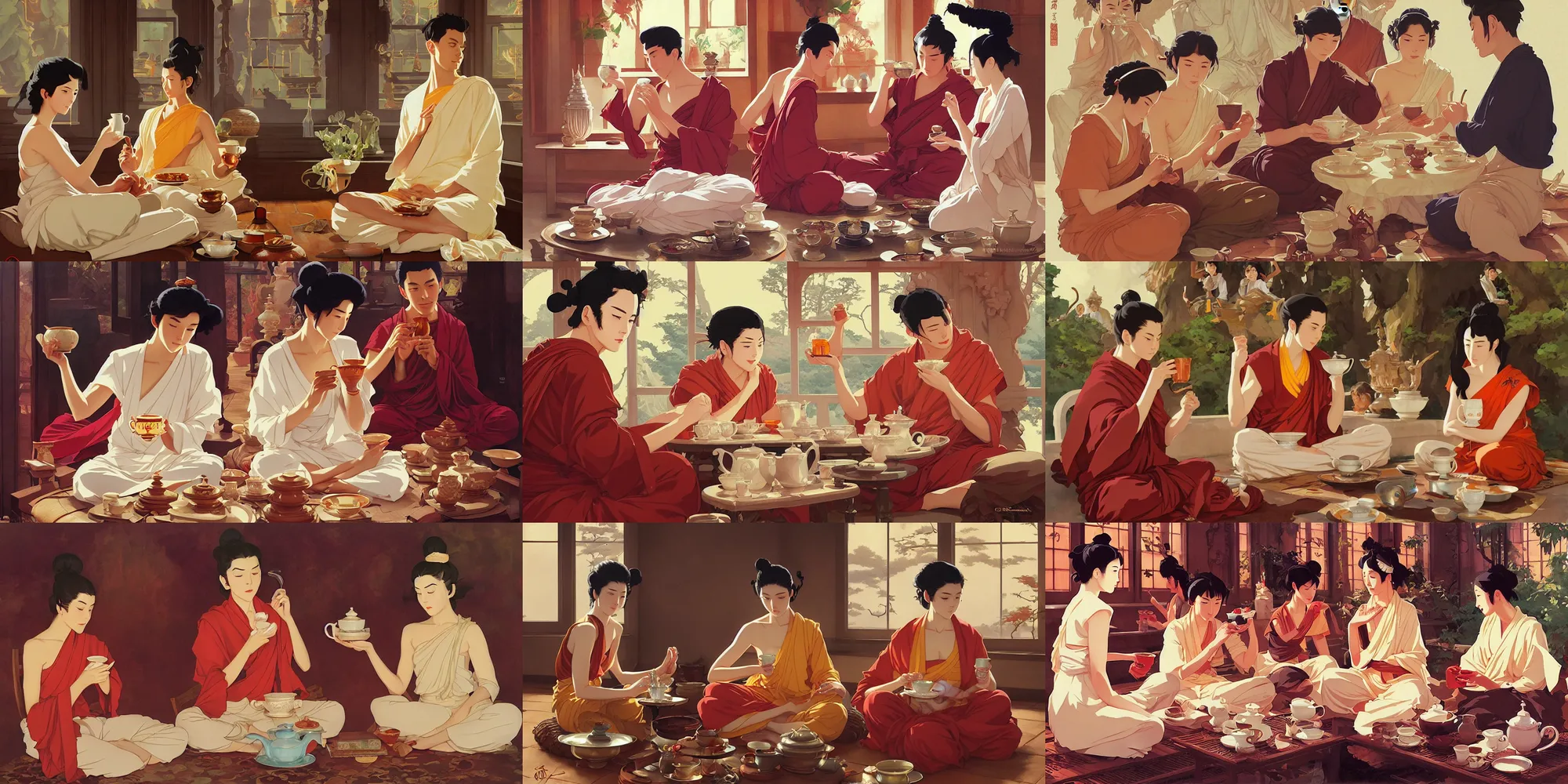 Prompt: buddhism, drinking tea, in the style of studio ghibli, j. c. leyendecker, greg rutkowski, artem