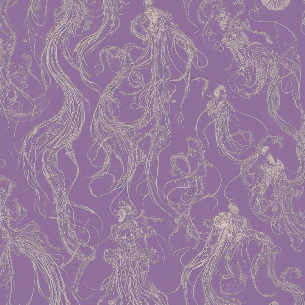 Prompt: purple dress design in the style of rococo ,Victorian era，jellyfish element,Goldenlace,dreamy, soft ,Backlight ,luminescence,Aetherpunk,highly detailed,8k