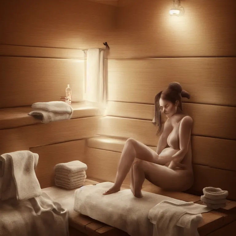 Image similar to potrait of woman relaxing in sauna, with towels, 3 d render, dark art, highly detailed, intricate, artgerm, greg rutkowski