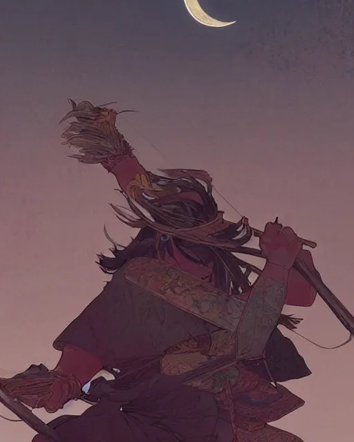 Image similar to '' Illustration a samurai breaking its chains, (night), (moon in the background), digital painting, artstation, concept art, sharp focus, illustration, art by greg rutkowski and alphonse mucha ''