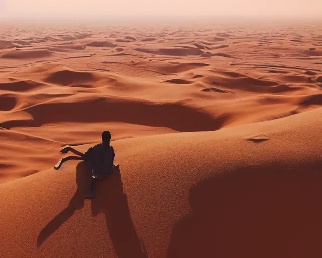 Image similar to a brown man floating on a magical carpet ride over the arabic desert.